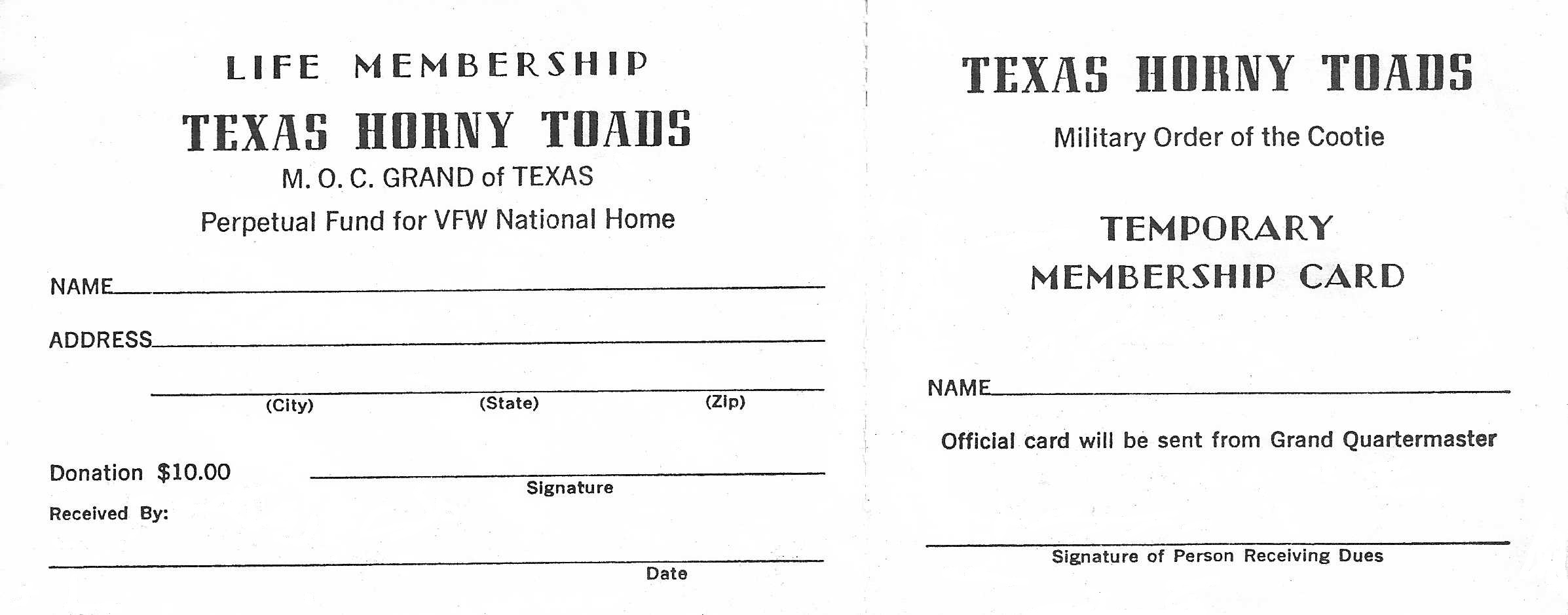 Horny Toad Life Membership Application